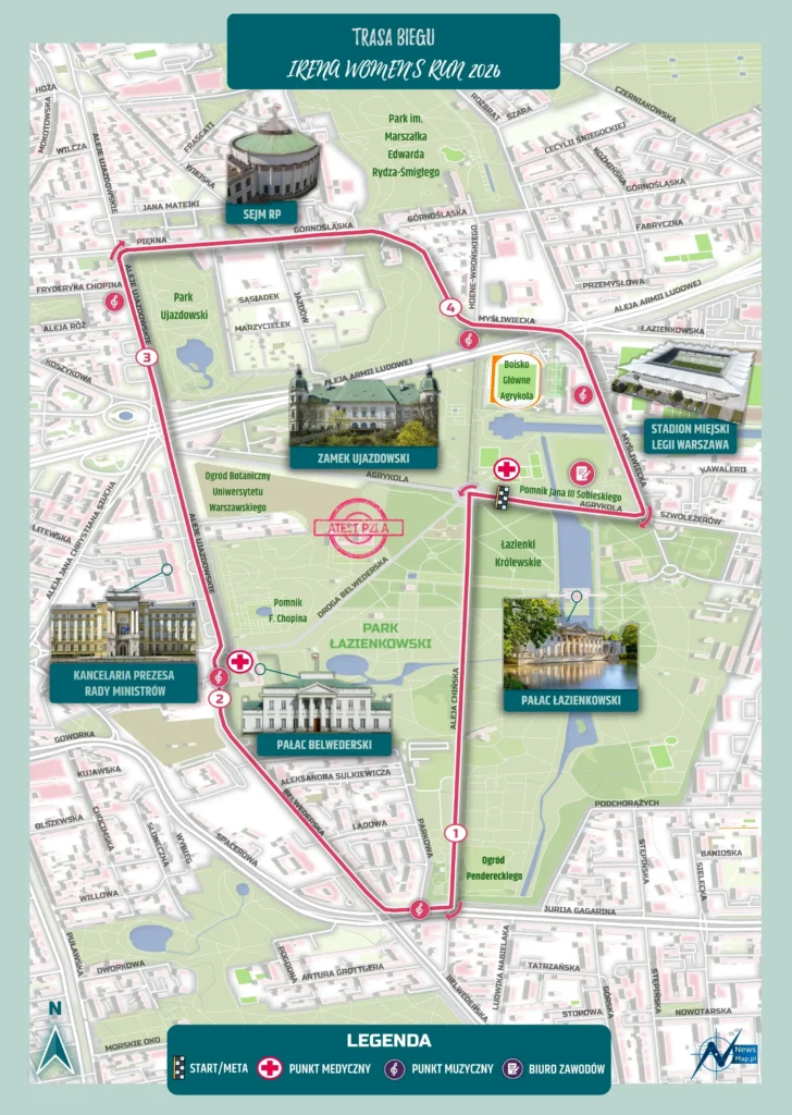 Mapa trasy Irena Women's Run 2026 w Warszawie – przebieg biegu, strefy wydarzenia i najważniejsze punkty na trasie